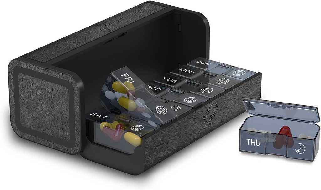 Pill Organizer 2 Times a Day, Am Pm Twice Daily Pill Case, Detachable Large Travel Pill Box 7 Day, Weekly Pill Container for Vitamin Medicine Supplement Fish Oil (Black)
