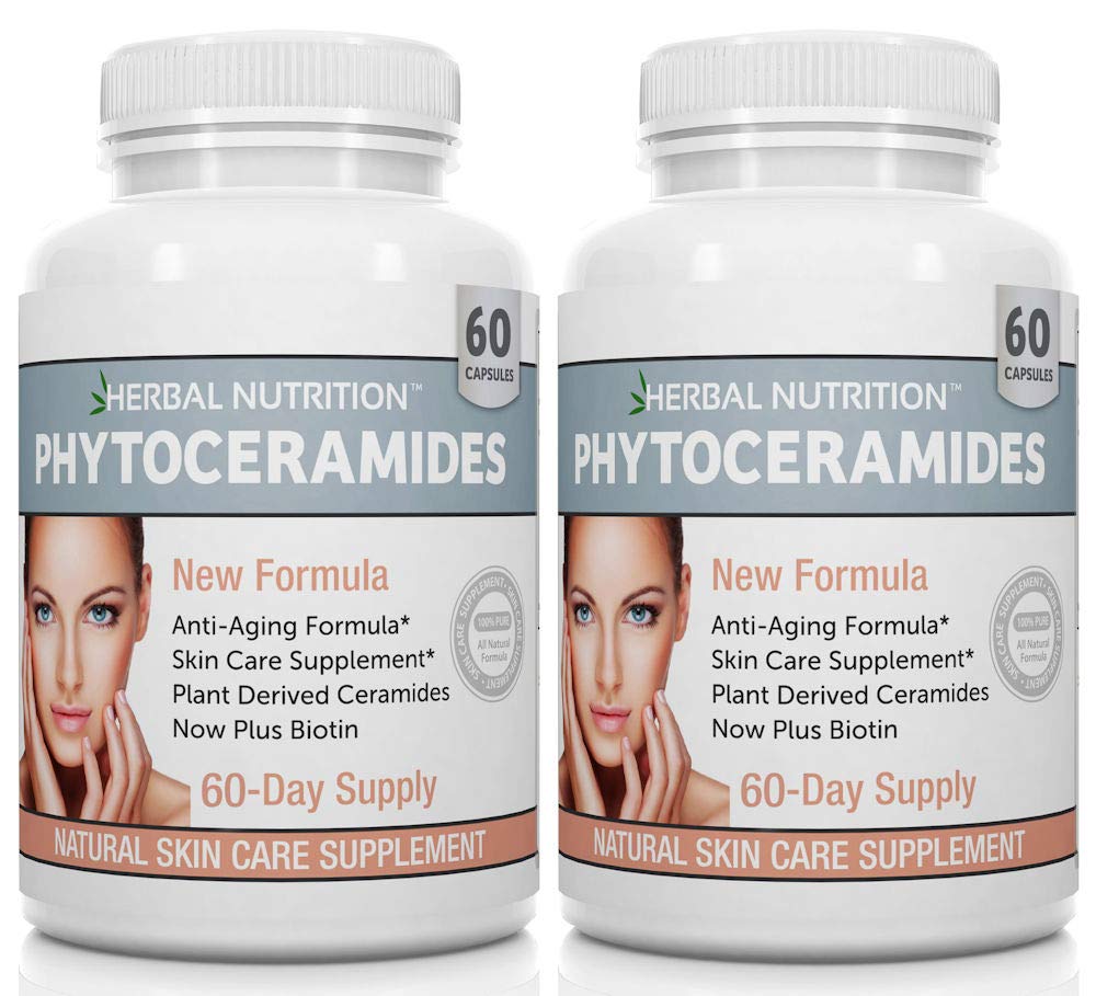 Phytocéramides Riz à base de suppléments anti-vieillissement de la biotine, détachant les rides et hydratant le visage avec les phytocéramides Vitamine A, C, D et E, deux flacons, 120 capsules 40mg, sans gluten