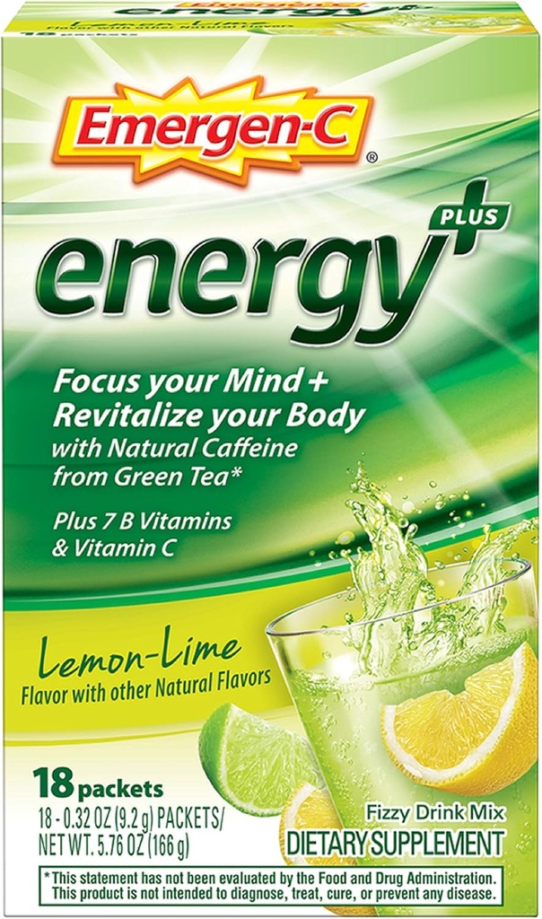 Emergen-C Energy+, Mit B Vitamine, Vitamin C und natürliche Koffein aus grünem Tee (18 Graf, Blueberry Acai Flavor) Nahrungsergänzungsgetränk Mischung, 0.33 Unze Pulverpackungen