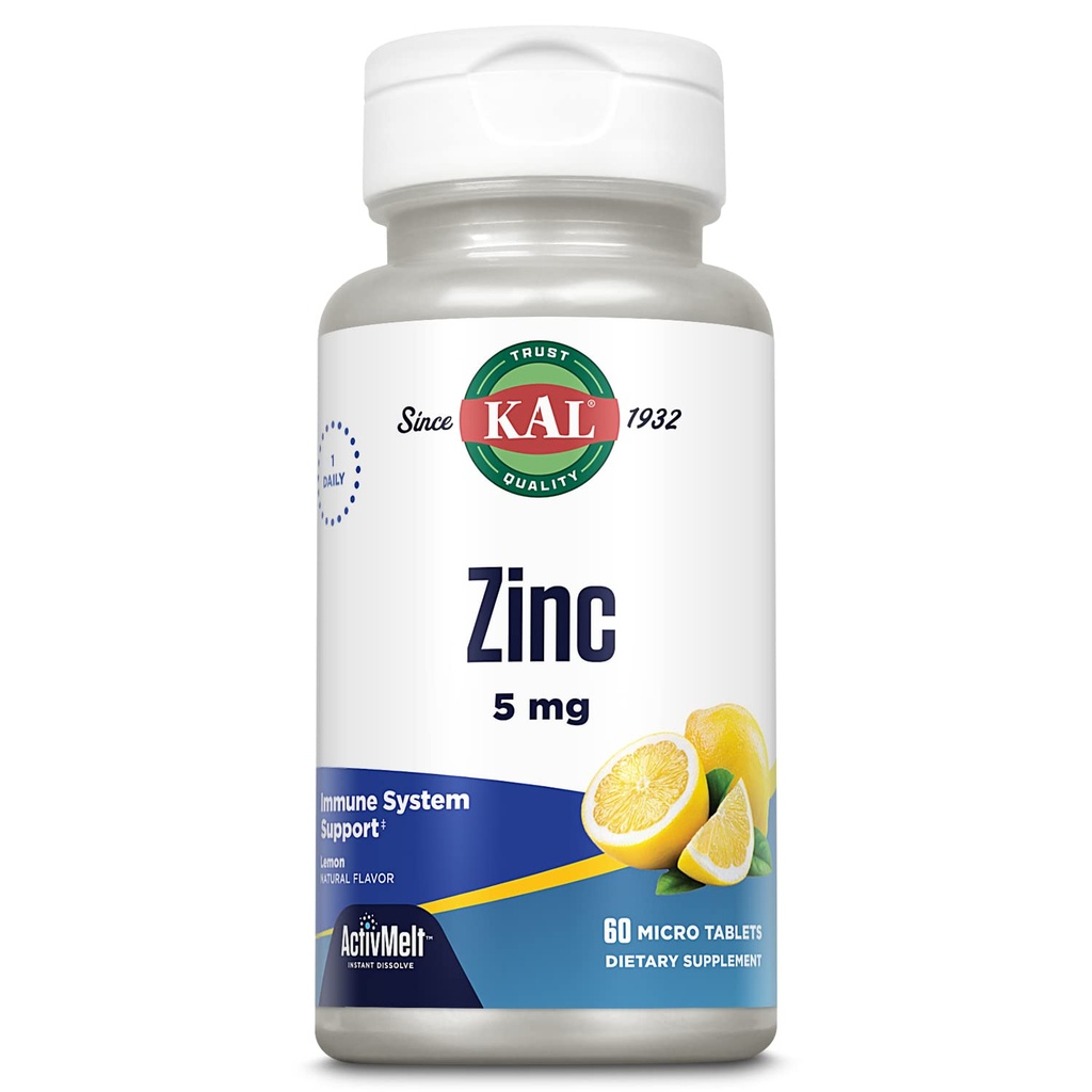 KAL Zinc 5mg Comprimés - Suppléments de zinc pour les femmes et les hommes, Immune Support, Dissolve rapide pour l'absorption optimale, Saveur de citron naturel, Végétarien - 60 Micro comprimés