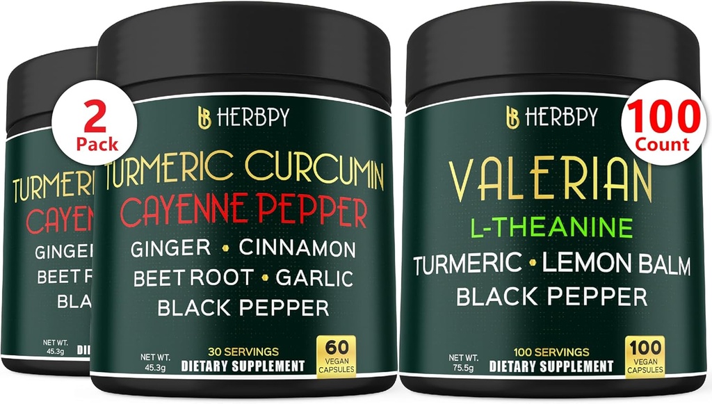 Bundle 7in1 Turmeric Curcumin & 5in1 Valerian Root Supplement - Unterstützung Verdauung, Herzgesundheit, Immunität und Entspannung