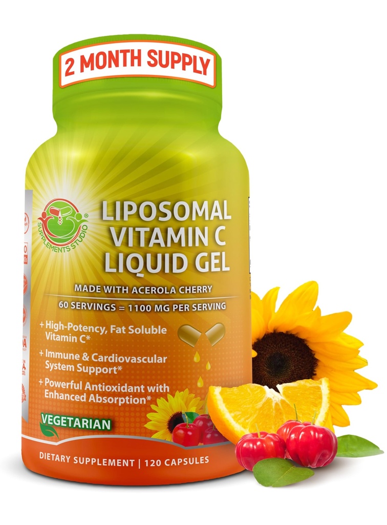 Liposomale Vitamin C Liquid Gel Kapseln - 1100mg - Hergestellt mit Bio Acerola Kirschen, hohe Potenz Vitamin C Liposomale Immununterstützungsergänzung mit verbesserter Absorption & Bioverfügbarkeit - 120 Graf