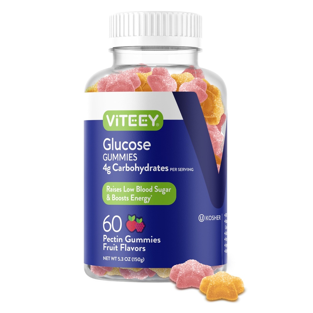 Gommies de glucose de Viteey - 4g d'hydrates de glucides - Alternative agissant rapidement aux comprimés de glucose - Soutien énergétique et de sucre dans le sang - Vegan, sans gluten, sans gélatine - 60 Compte