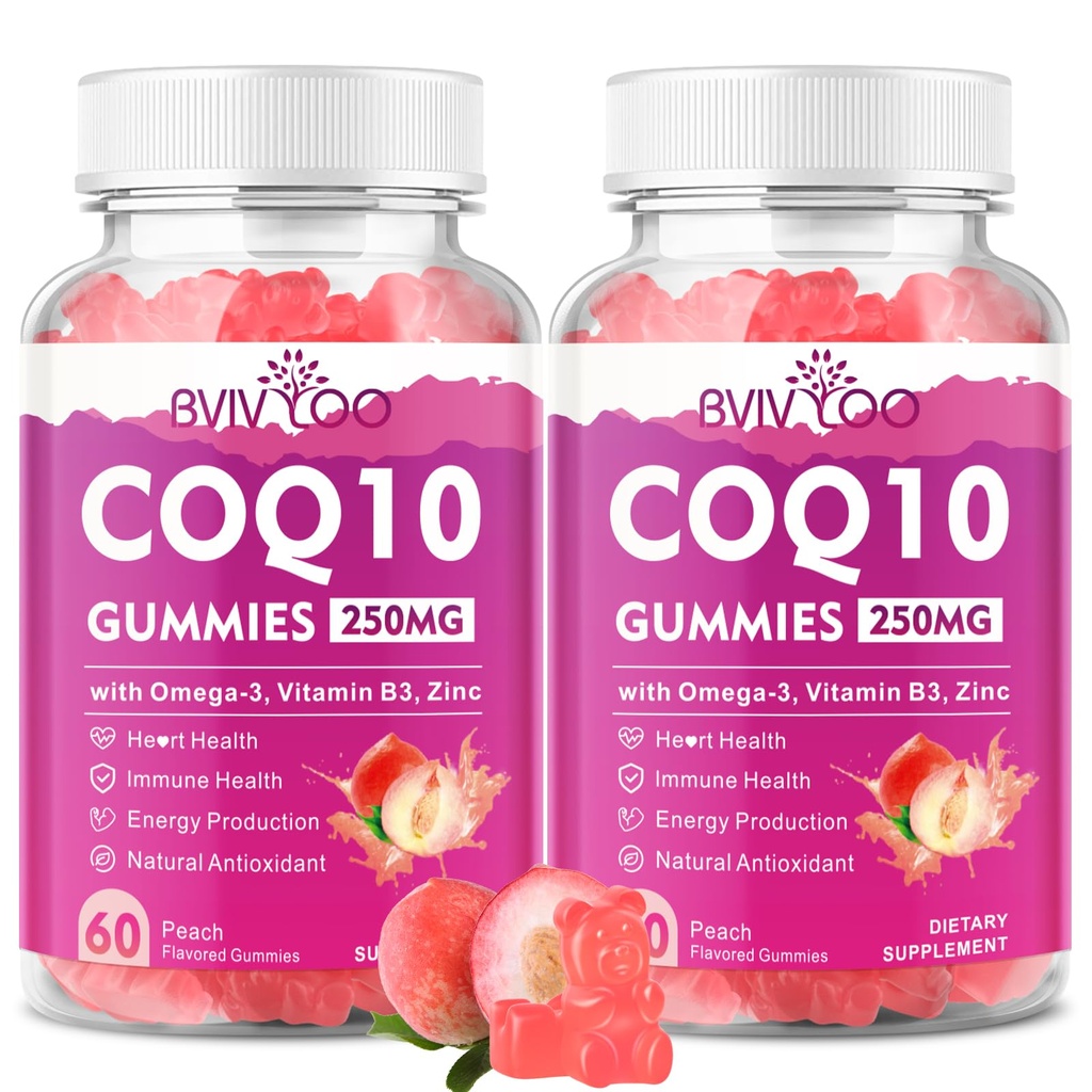 2 Pack CoQ10 Gummies 250mg, Plus Omega-3, Vitamin B3 & Zink, Magnesium - Hohe Absorption Coenzym Q10 Ergänzungen für Herzgesundheit, Zelluläre Energie, & Antioxidans Unterstützung, 120 Zähler