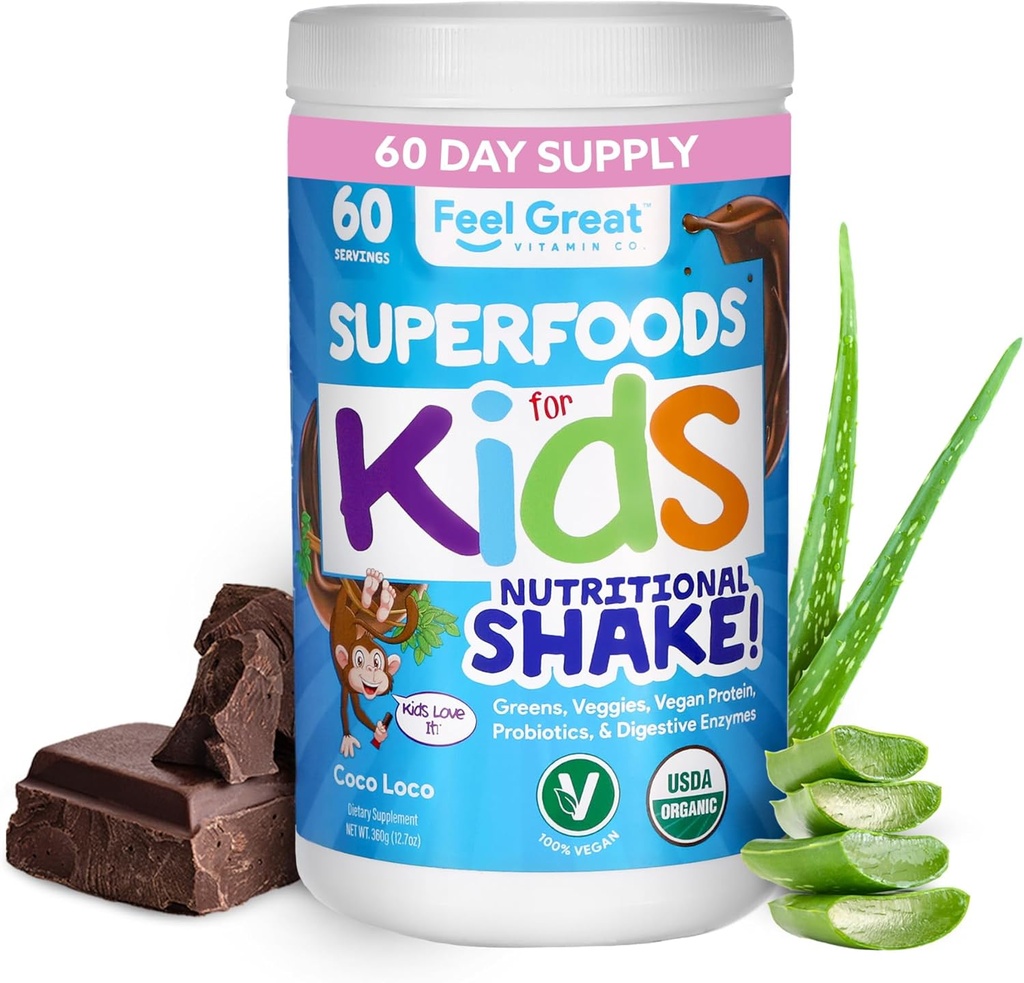 Kinder Bio Super Greens Pulver mit Früchten & Veggies - All-In-One Kinder Multivitamin aus echten Pflanzen - keine synthetischen Vitamine, keine Füllstoffe oder Bindemittel, kein Zucker hinzugefügt.