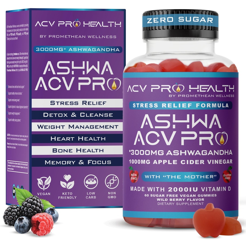 Ashwa ACV Pro Health - Sugar Free Apple Cider Essiggummis mit Ashwagandha, Advanced Keto, Stress Relief Supplements mit Vitamin D, 1g Carbs pro Gummy Golo
