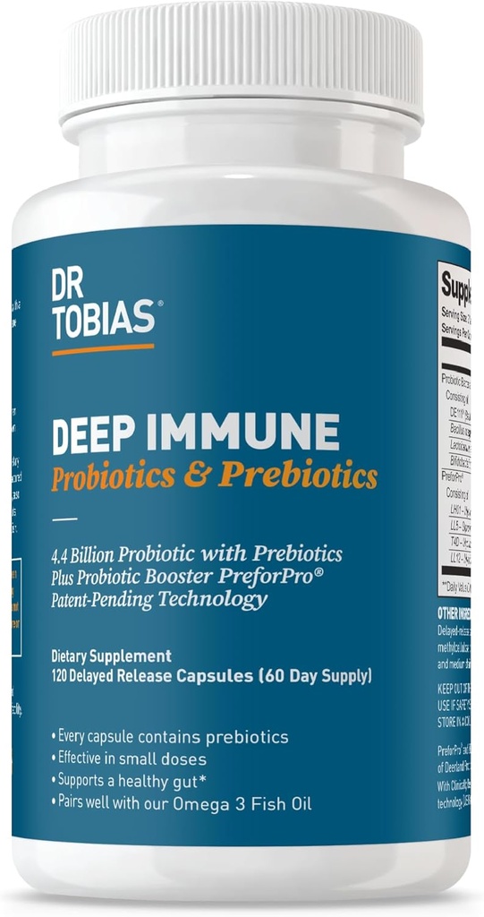 Dr. Tobias Deep Immune Probiotics & Prebiotics, Dual Action Digestion & Immune Support with PreforPro Prebiotics & Delayed Release Spore Forming Probiotics for Women & Men, 120 Capsules, 60 Servings