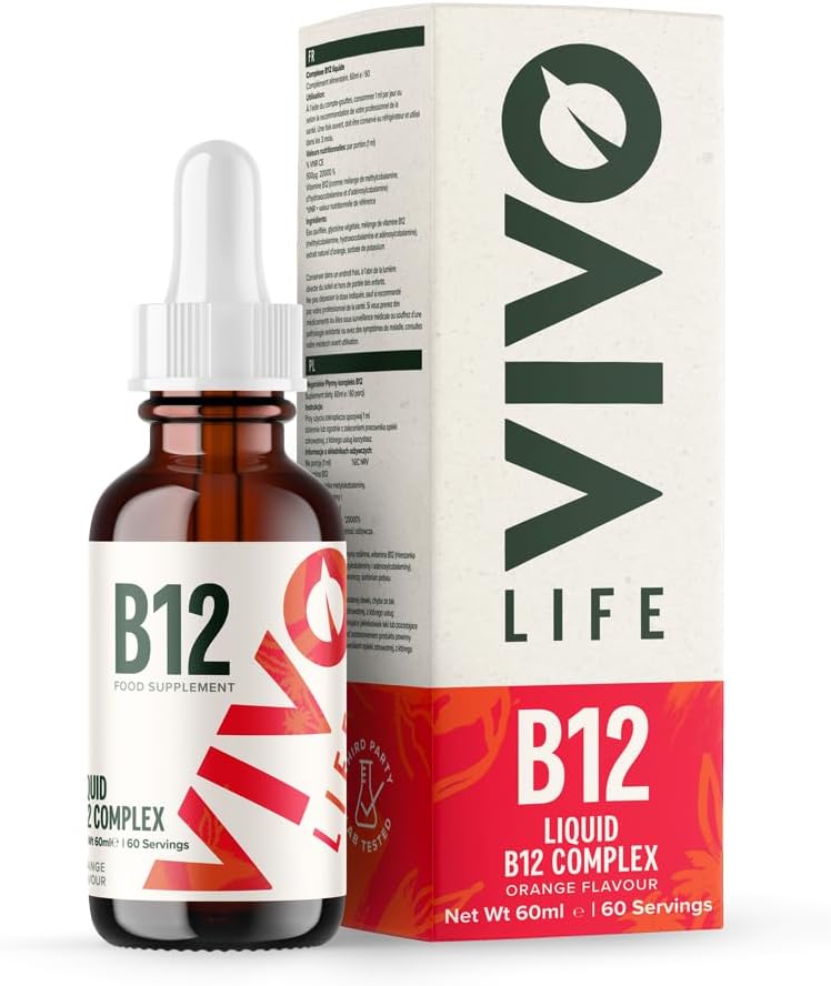 Vivo Life - Vitamin B12 Complex, High Potency Health Supplement, Orange Flavor Flüssigkeitstropfen, 60ml, 60 Portionen