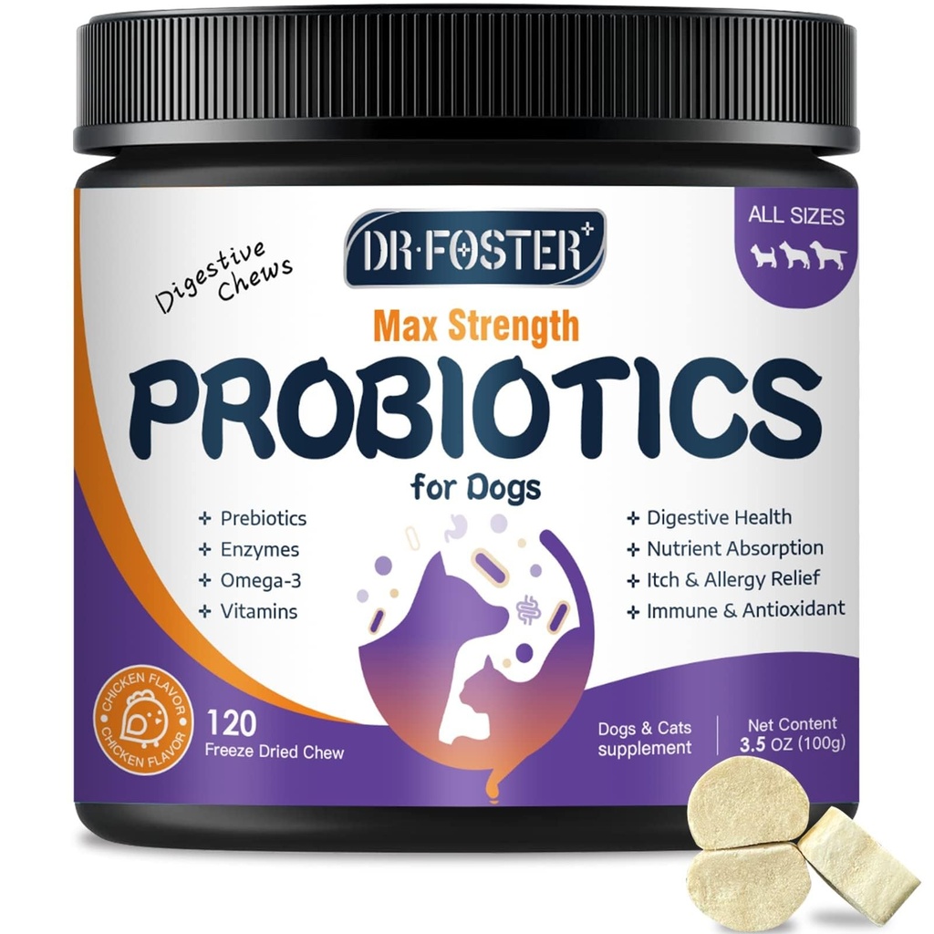 Probiotics for Dogs, Freeze-Dried Dog Probiotics and Digestive Enzymes, Plus Omega-3 für juckende Haut, 3-in-1 Präbiotika für Verdauungs-Gesundheit, Hunde-Vitamine und Ergänzungen für Immun-Gesundheit, 120 Bites