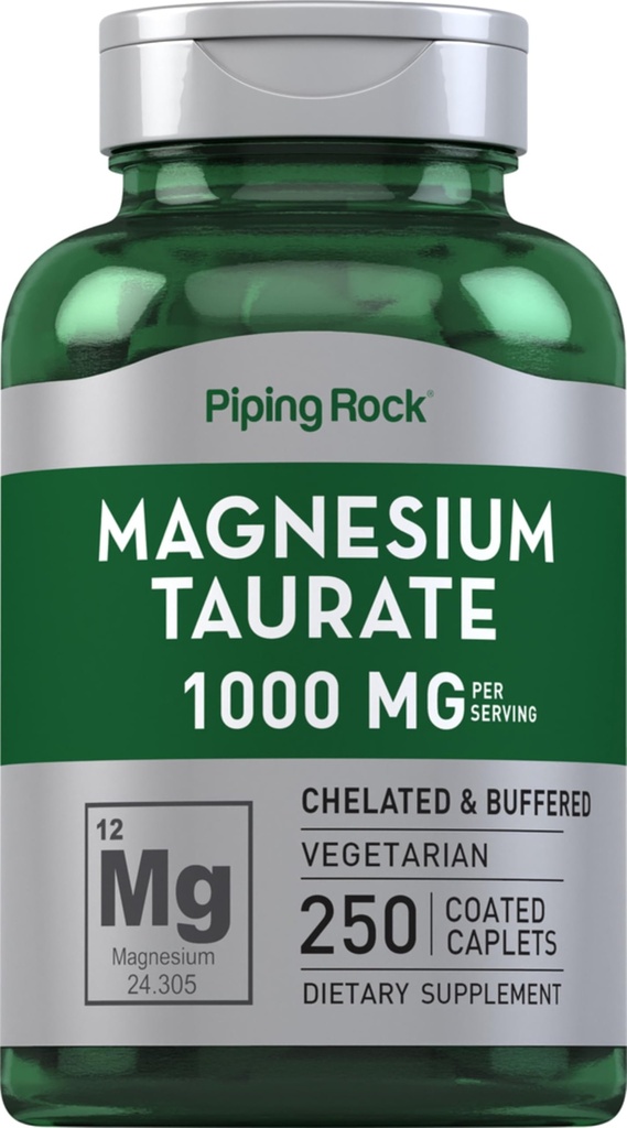 Piping Rock Magnesium Taurate | 1000mg | 250 Caplets | Chelated und Buffered | Vegetarisch, Non-GMO, Glutenfreie Ergänzung