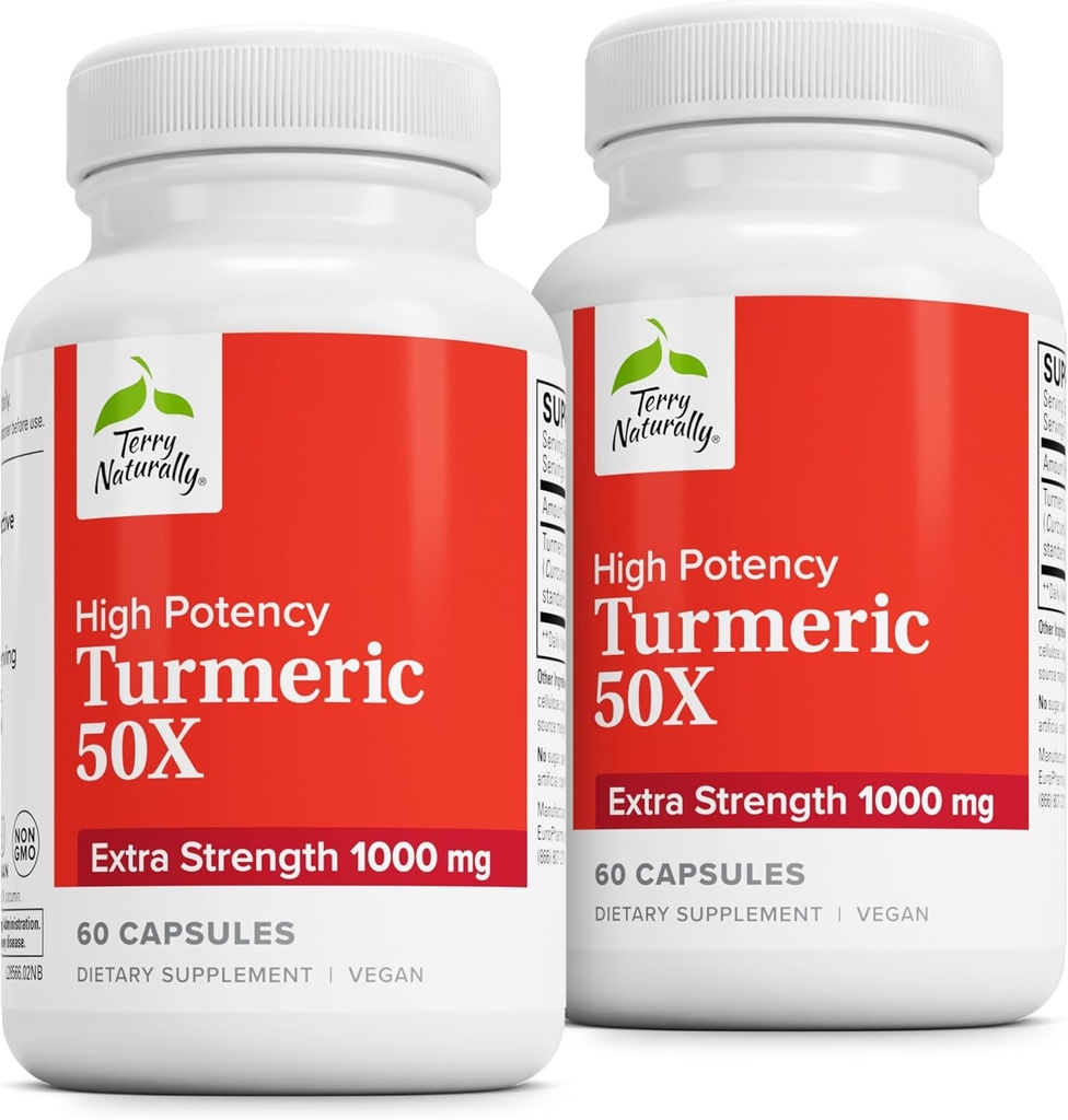 Terry Naturally Turmeric 50X - Supplément diététique pour le soutien du cerveau et de la santé cardiovasculaire - Turmère extra-fort pour aider la santé immunitaire - Supplément non-OGM - 60 Capsules, 2 Pack
