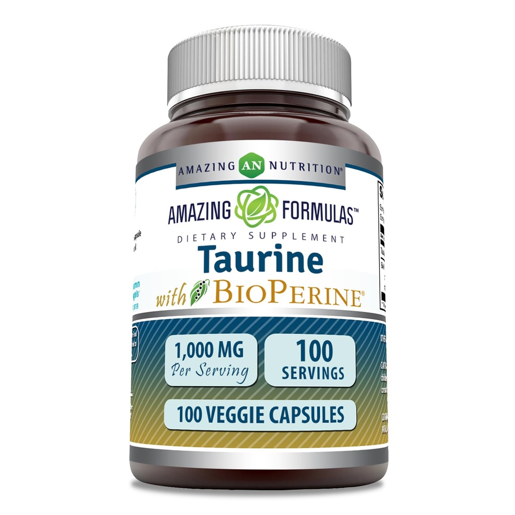 Formules étonnantes Taurine avec supplément de bioperine $ 1000 Mg par service $ 100 Capsules de légumes $ Non-GMO $ Sans gluten $ Fabriqué aux États-Unis