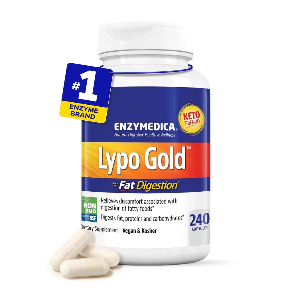 Enzymedica Lypo Gold, hohe Potenz Lipase Verdauungsenzyme für Fettdigestion, unterstützt okziale Bloating Relief & Verdauungsgesundheit, Keto-Friendly, Vegan, 240 Kapseln