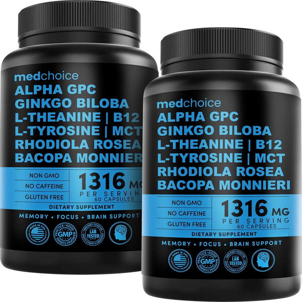 12-in-1 Nootropic Brain Supplement Anhydrous: Ginkgo Biloba für Gehirnunterstützung, Gedächtnis und Fokus - B12, Alpha GPC, L Theanin und Choline Ergänzungen mit Bioperine Non Koffeiniert 1321mg (120ct)