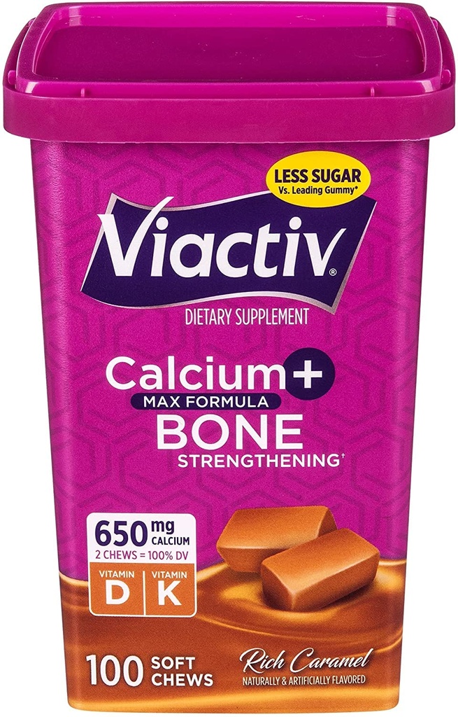 Viactiv Max Formule Calcium + Vitamine D3 Supplément pour la santé des os, Caramel Rich, 100 Chews Soft - 5 Pack