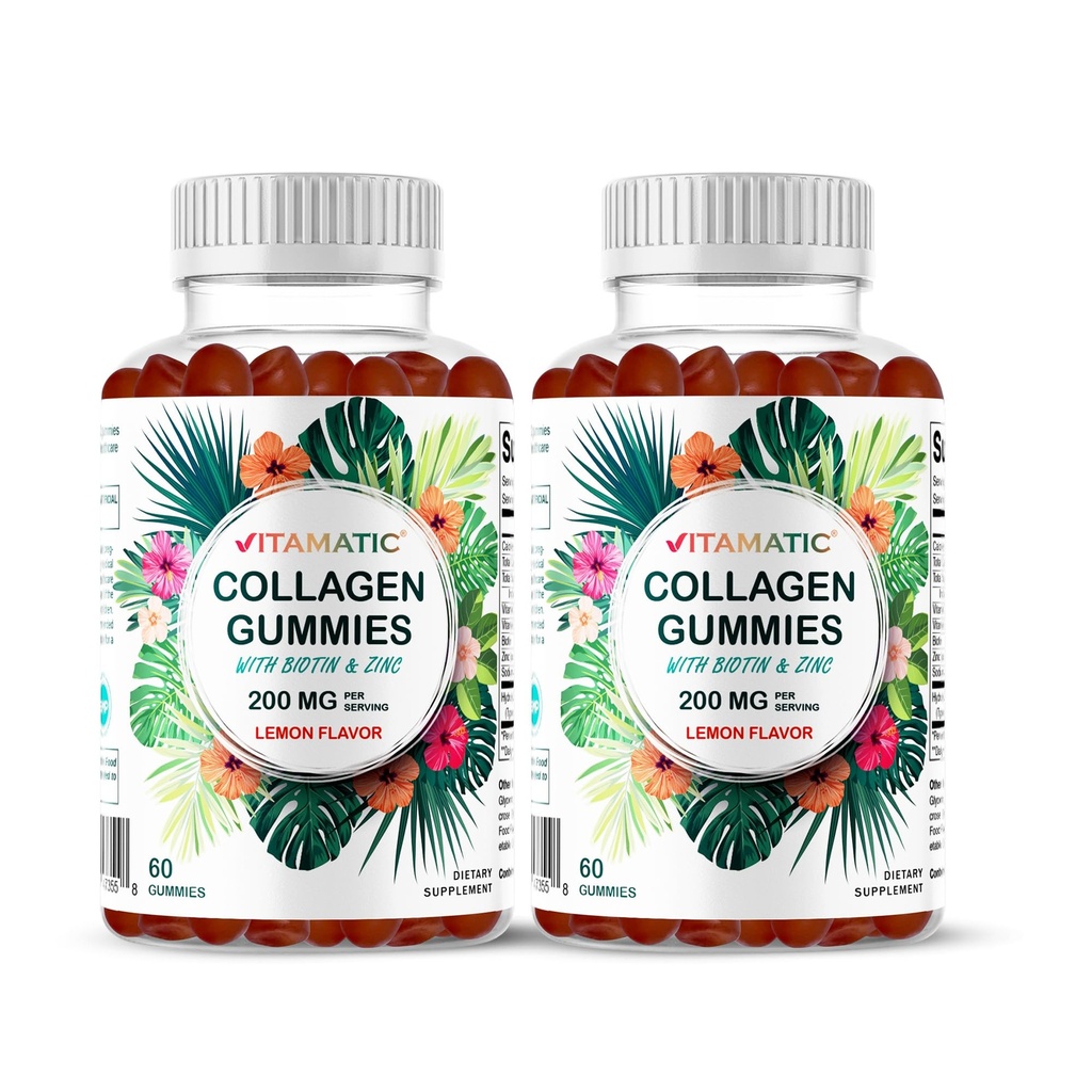 Vitamatic 2 Packs hydrolysierte Kollagengummis mit Vitamin C, Zink und Biotin, 200 mg - 60 Gummi (Gesamt 120 Count)