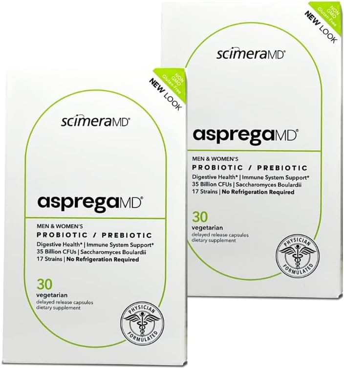 Asprega 30CT - Probiotic + Prebiotic Supplement (en anglais seulement) 17 souches, 35 milliards d'UFC (en anglais seulement) Libération différée (en anglais seulement) Saccharomyces Boulardii (en anglais seulement) par ScimeraMD, 2-Pack