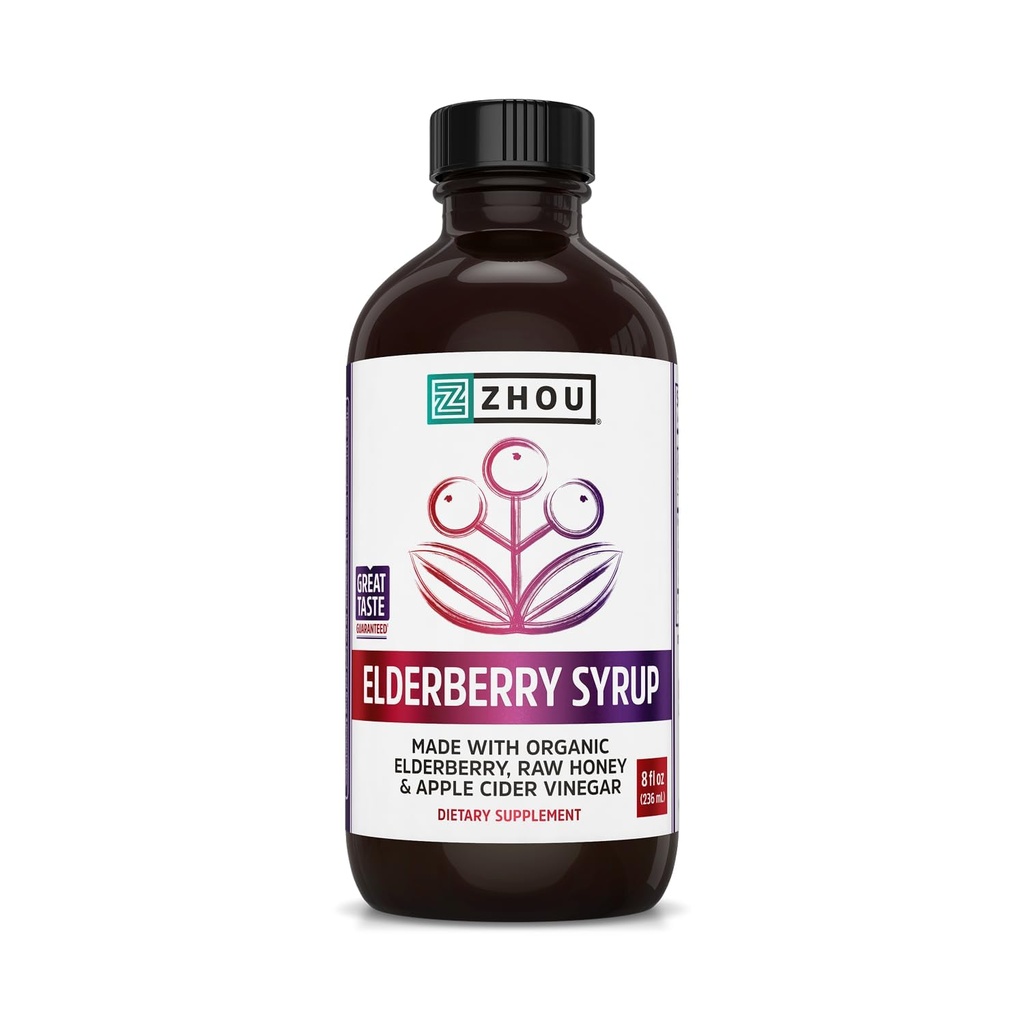 Zhou Nutrition Sirop Aîné-Mune+ - Sirop Aîné Noir Bio pour Adultes, Immune Support Elixir avec vinaigre de cidre de pomme, Teinture d'échinacée, Bien-être naturel - Bouteille de verre Oz 8 Fl