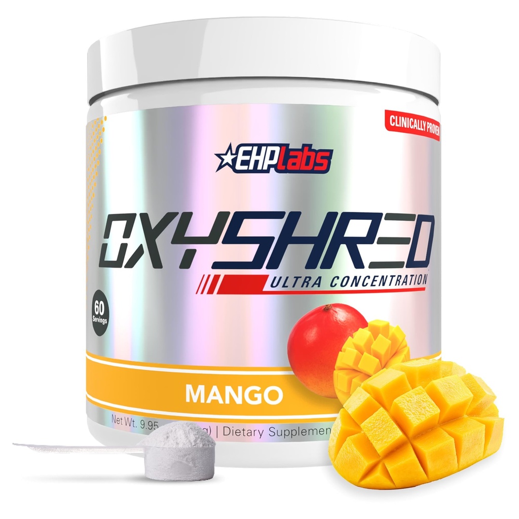 EHP Labs OxyShred Pre Workout Powder - Preworkout Powder mit L Glutamin & Acetyl L Carnitin, Energy Boost Drink - Mango, 60 Servietten