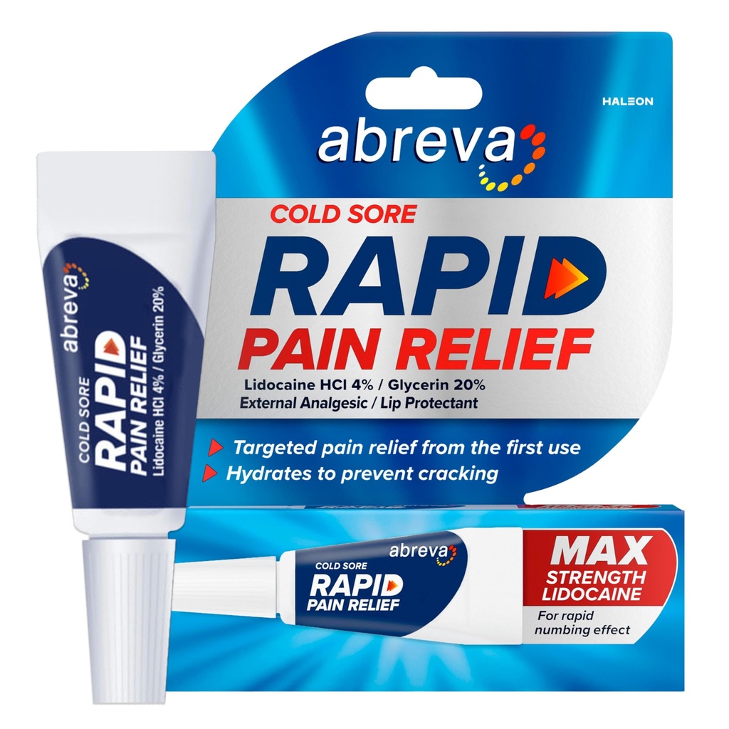 Abreva Traitement des plaies froides Crème de soulagement rapide de la douleur - 1 tube, 3 grammes