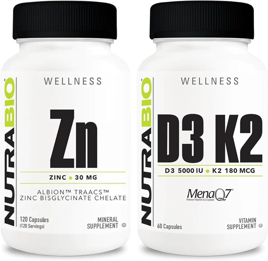 NutraBio Zink Chelat und Vitamin D3 K2 Mineral Supplement Bundle – Kann helfen mit richtigem Wachstum, Entwicklung, Immunsystem und Knochen und Herzgesundheit