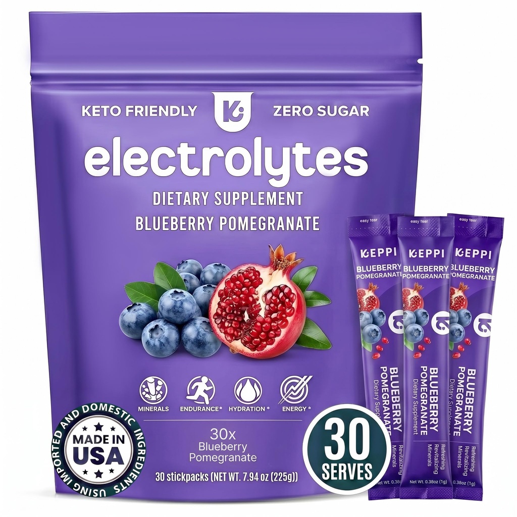Keppi Elektrolyte Pulver-Packets – Blueberry Pomegranate 30 Servierungen – Keine Zucker Hydration Ergänzung mit Kalium, Magnesium, Natrium – Keto, Vegan, Fasting-Friendly, Zero Calorie Hydration Packets