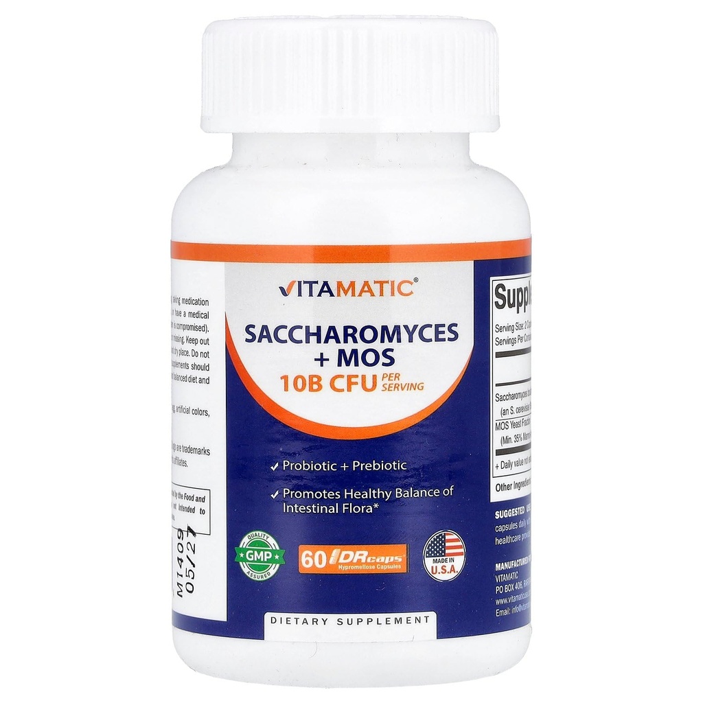 Vitamatic Saccharomyces Boulardii Probiotic 10B pro Portion + Hefeextrakt (MOS Yeast Fraction) 300 mg - 60 DR Kapseln - Made in USA
