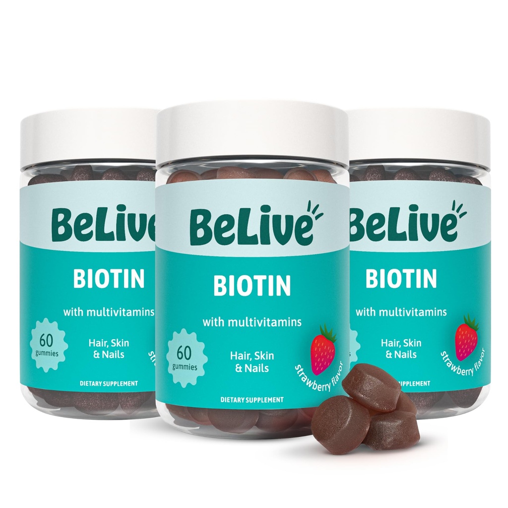 BeLive Biotin Gummies - Skin, Nails & Hair Vitamins with A, C, D, E, B12, Zinc, Folate & Inositol, Biotin Supplement for Anti-Aging, Energy & Collagen Boost, Multivitamin Gummies - Strawberry | 3-Pack