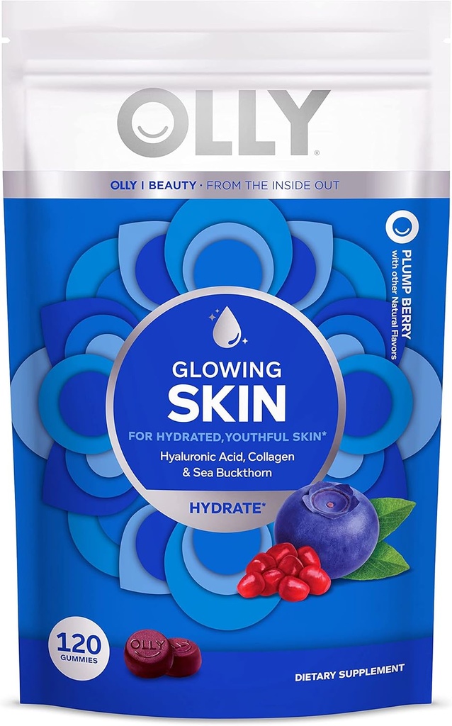 OLLY Glowing Skin Collagen Gummy, Hydrated, Youthful Skin, Hyaluronsäure, Sea Buckthorn, Chewable Supplement, Berry, 60 Day Supply - 120 Count Pouch (Pack von 6)