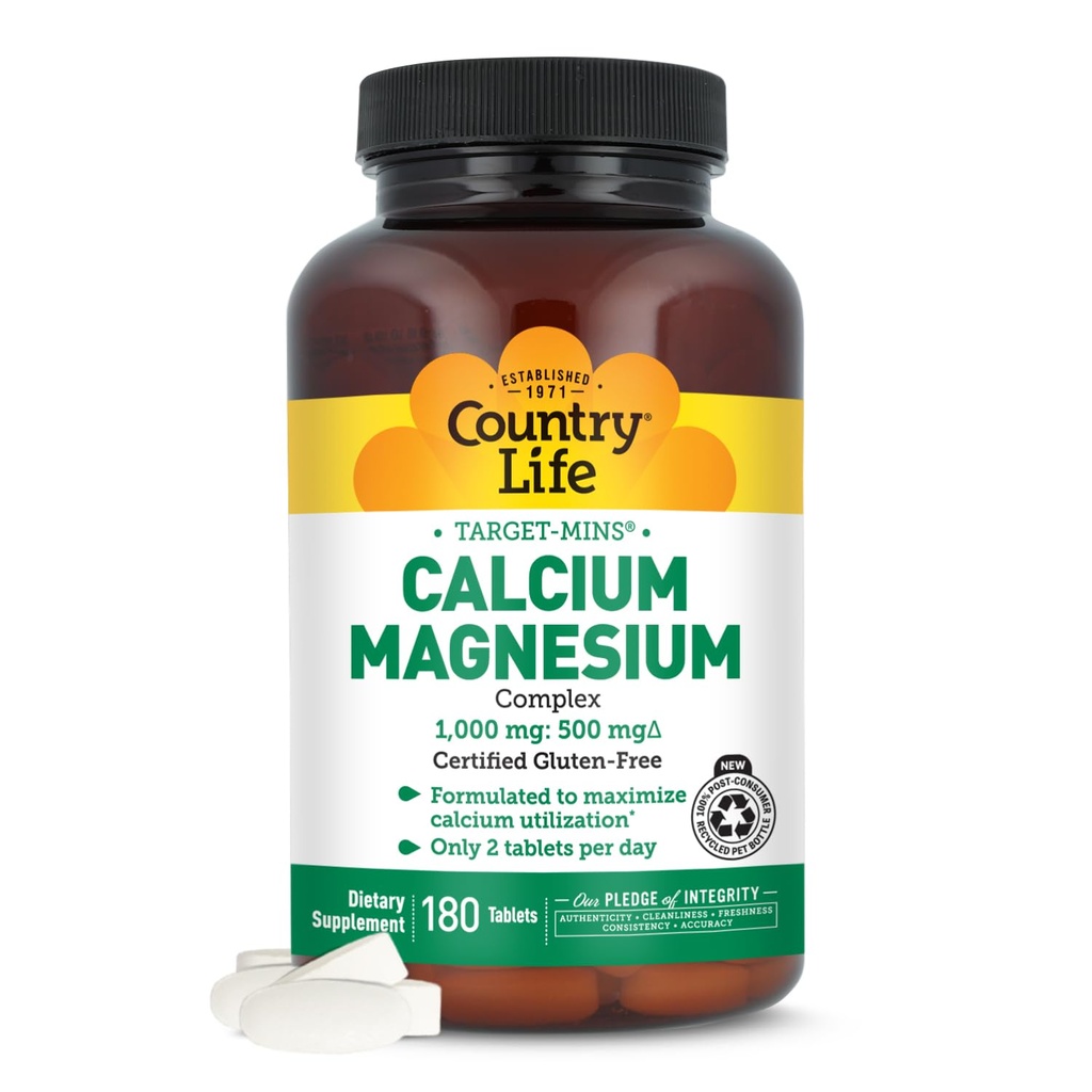 Country Life Target-Mins Calcium Magnesium Complex 1000mg/500mg, 180 Tabletten, Certified Gluten Free, Certified Vegan, Certified Non-GMO Verified