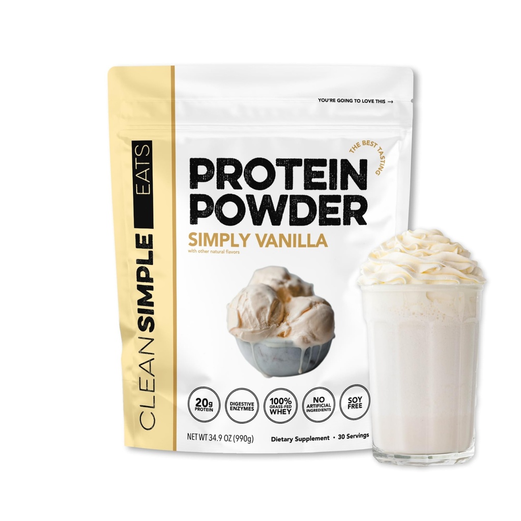 Clean Simple Eats Whey Protein Powder, Simply Vanilla Flavor Naturally Sweetened, 100% Grass Fed Protein Powder mit Verdauungsenzymen & No Künstliche Inhaltsstoffe, Glutenfrei, 30 Portionen