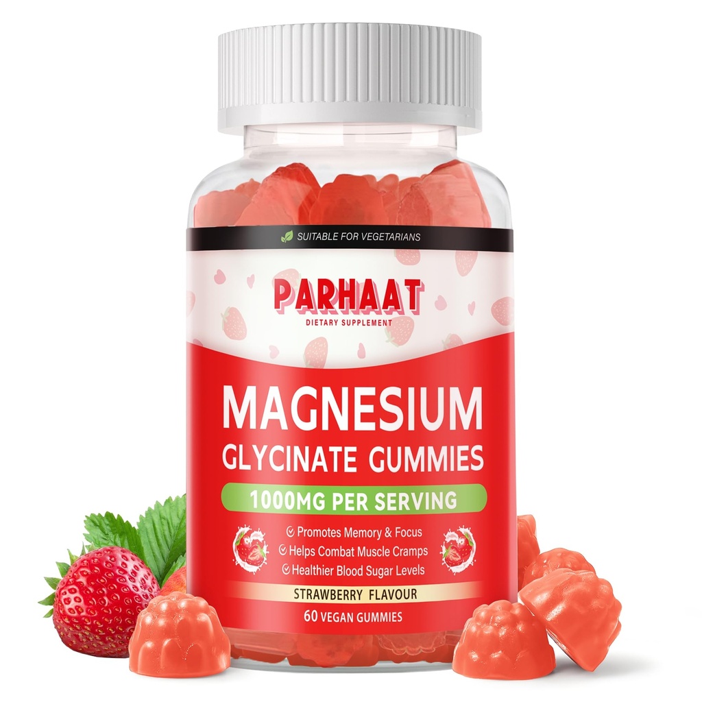 Magnesium Glycinate Gummis - Zuckerfreie Magnesium Kaliumergänzung mit Vitamin D, B6, CoQ10 für ruhige Mood & Schlafunterstützung - 60 Erdbeerkäse
