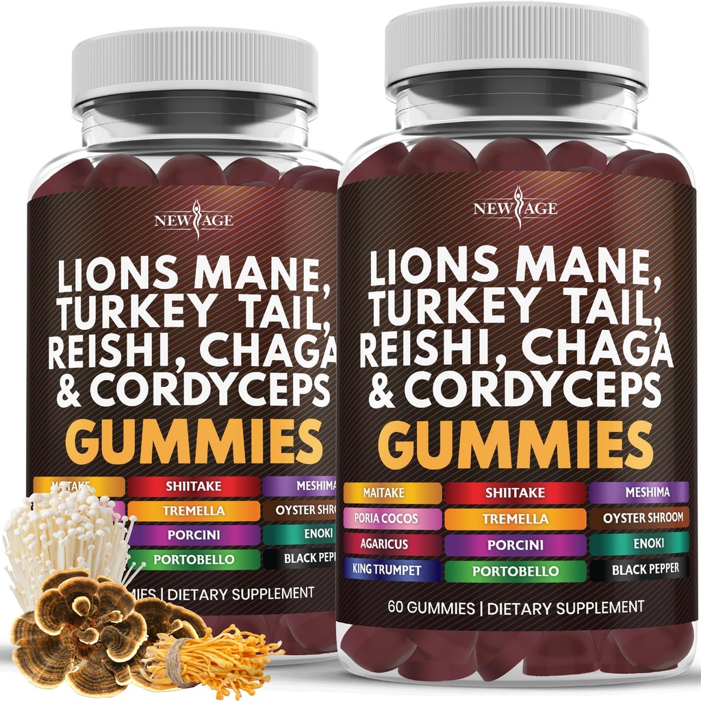 NEW AGE Mushroom Lion's Mane Supplement Gummis - Umfassende Pilzergänzung für kognitive und Immununterstützung, mit Reishi, Cordyceps - 120 Count