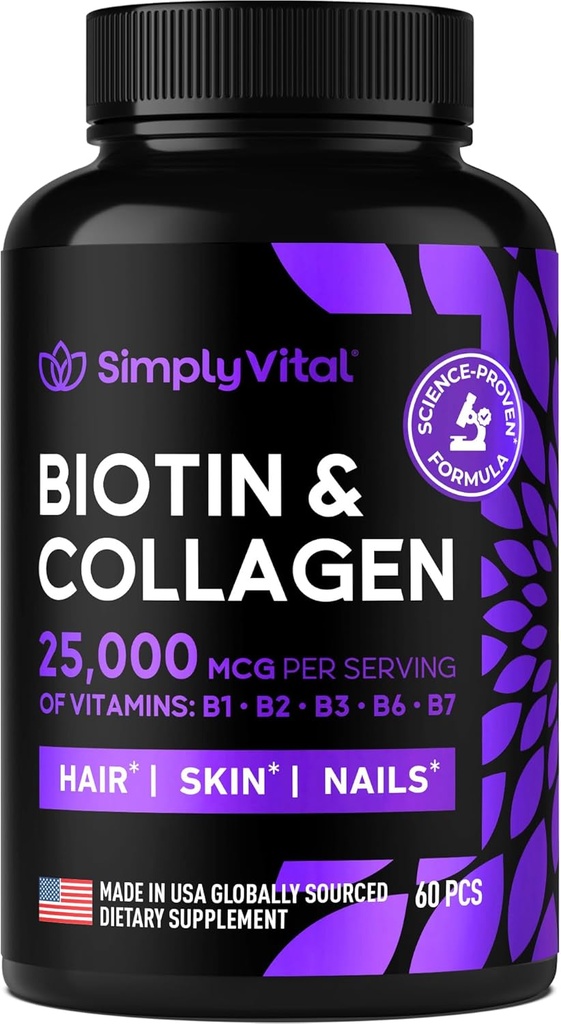 Biotin und Kollagen Ergänzungen mit Keratin 25000 mcg - Haarhaut & Nails Vitamine mit Collagen Keratin B Complex - Made in USA - Biotin for Hair Growth Women & Men Support Skin & Nails, 60 Kapseln