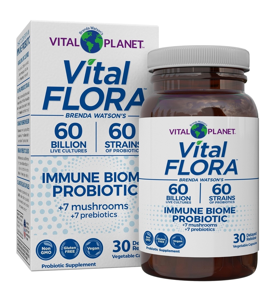 Vital Planet - Vital Flora Immmune Support Probiotique, 60 Million CFU, Diverses souches, Mélange de complément de champignons biologiques avec prébiotiques, Probiotiques de santé digestif pour les femmes et les hommes 30 Capsules