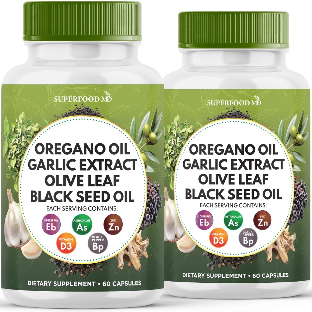 Oregano-Öl, Knoblauch-Extrakt, Olivenblatt, Schwarzes Seed-Öl, Astragalus-Immune Unterstützung & Verdauungs-Ergänzung für Frauen und Männer- 120 Count