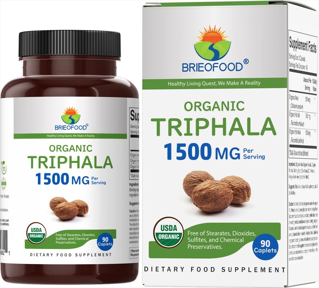 Brieofood Organic Triphala 1500mg, 45 Servierungen, Vegetarisch, Glutenfrei, 90 Vegetarische Tabletten