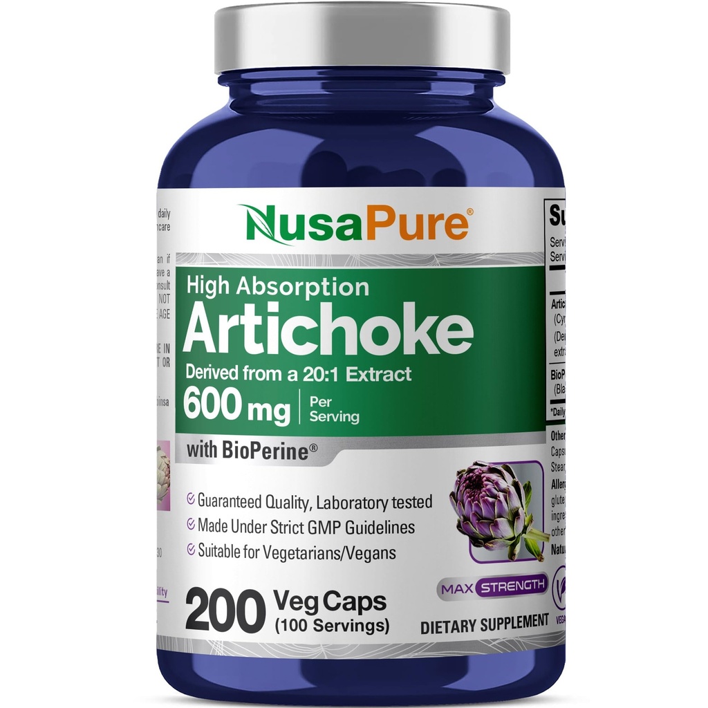 NusaPure Artichaut 20:1 Extrait, 600 mg équivalent à 12 000 mg 200 capsules de légumes (non-OGM, sans gluten)