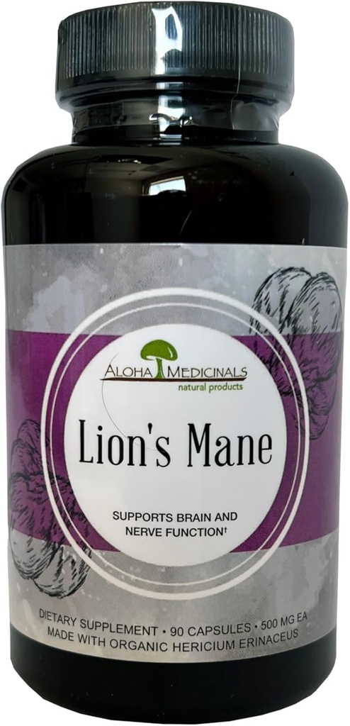 Aloha Medicinals Lion’s Mane, Certified Organic Mushroom Supplement,Unterstützung Gedächtnis und Konzentration, Packung von 1, 90 Kapseln Jede