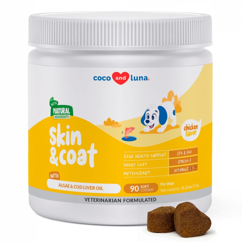 Omega 3 Fischöl für Hunde - Skin & Coat Supplement mit Cod Liver Öl, Algen, EPA & DHA Fettsäuren für Hunde Shedding, Itch Relief, Hot Spots, Haut Allergy, Joint &amp; Heart Support - 90 Soft Chews