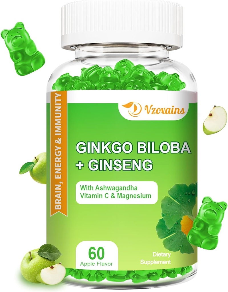 240MG Ginkgo Biloba Gummis mit Ginseng und Magnesium, Ginko Biloba ergänzt Gummis für Gehirn Fokus, Stimmung und Gedächtnis für Erwachsene, 60 Cts