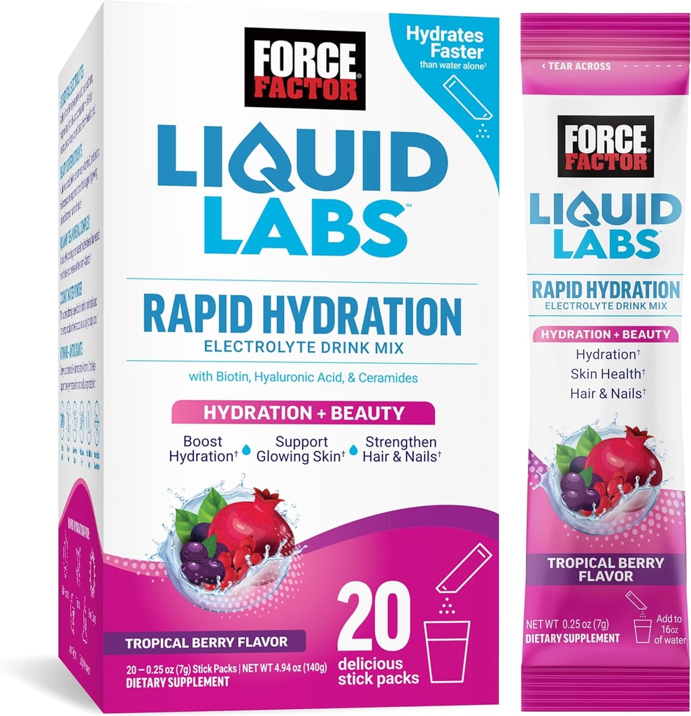 Force Factor Liquid Labs Beauty, Hydration Packet für stärkeres Haar, Haut und Nägel. Elektrolytpulver mit Hyaluronsäure, Biotin und Ceramide. Tropical Berry Flavor, 20 Stick Packs