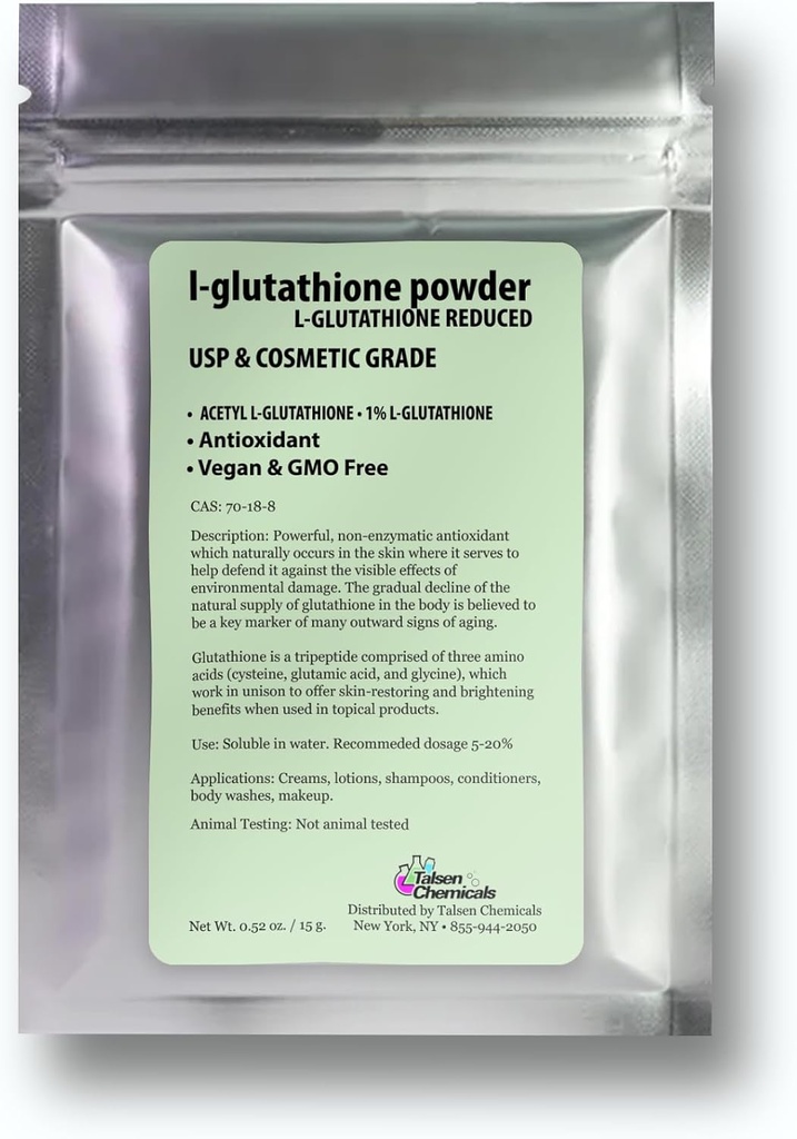 Reduziertes L-Glutathion Pulver DIY Cosmetic Grade Reines Glutathion Bio-Pulver für Haut, (0,5 Unze / 15 Gramm)