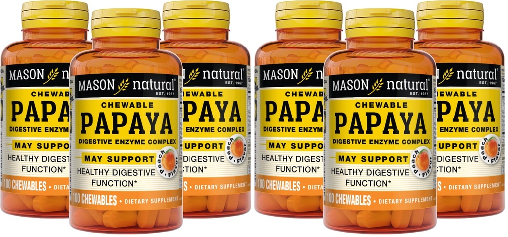 MASON NATURAL Papaya Verdauungsenzym-Komplex - Gesunde Verdauungsfunktion, fördert Nährstoffaufnahme, Peach Flavor, 100 Chewables (Pack mit 6)