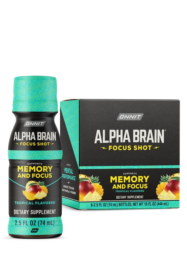 ONNIT Alpha Brain Focus Shot, Tropical Flavor, Nootropic Nahrungsergänzungsgetränk, das Energie, Fokus und Stimmung unterstützt, IGENTM Non-GMO Getestet, 2,5 fl oz, 6 Count