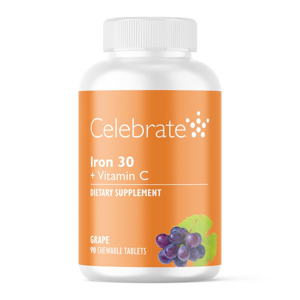 Celebrate Vitamine Eisenergänzung mit Vitamin C - 30mg Eisen, 60mg Vitamin C, Bariatric Vitamine für WLS-Patienten, Vertical Sleeve & Gastric Bypass Chirurgie – Trauben, 90 Kautabletten
