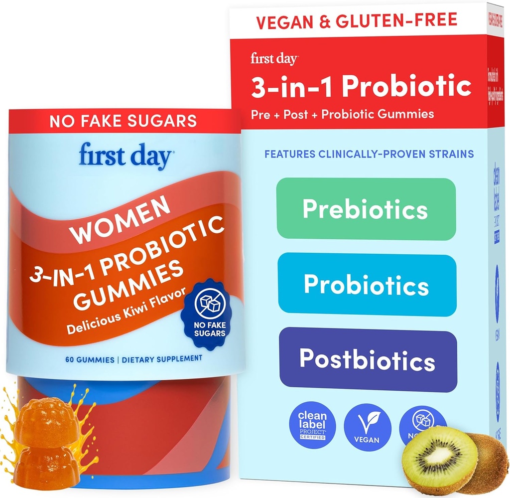FIRST DAY Womens 3-in-1 Probiotic Gummies – Prebiotic + Probiotic + Postbiotic Supplement – Supports Digestive & Oral Health, Immune Function & Energy Levels – 30-Day Supply