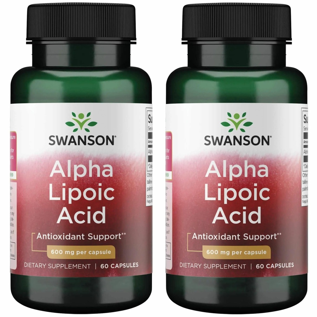 Swanson Alpha acide lipoïque - supplément naturel soutenant des niveaux de pression artérielle sains déjà dans une gamme normale - favorise le métabolisme des glucides - (60 capsules, 600 mg chacune) (2 boîtes)