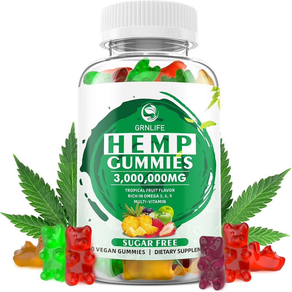 Hanfgummis mit hoher Potenz reine Hanf Öl Extrakt, 3000000mg extra Stärke Hanf Ergänzungen, 100% natürliche Hanf Gummy für Frieden und Entspannung, Non-GMO, Zuckerfrei, 60 Count