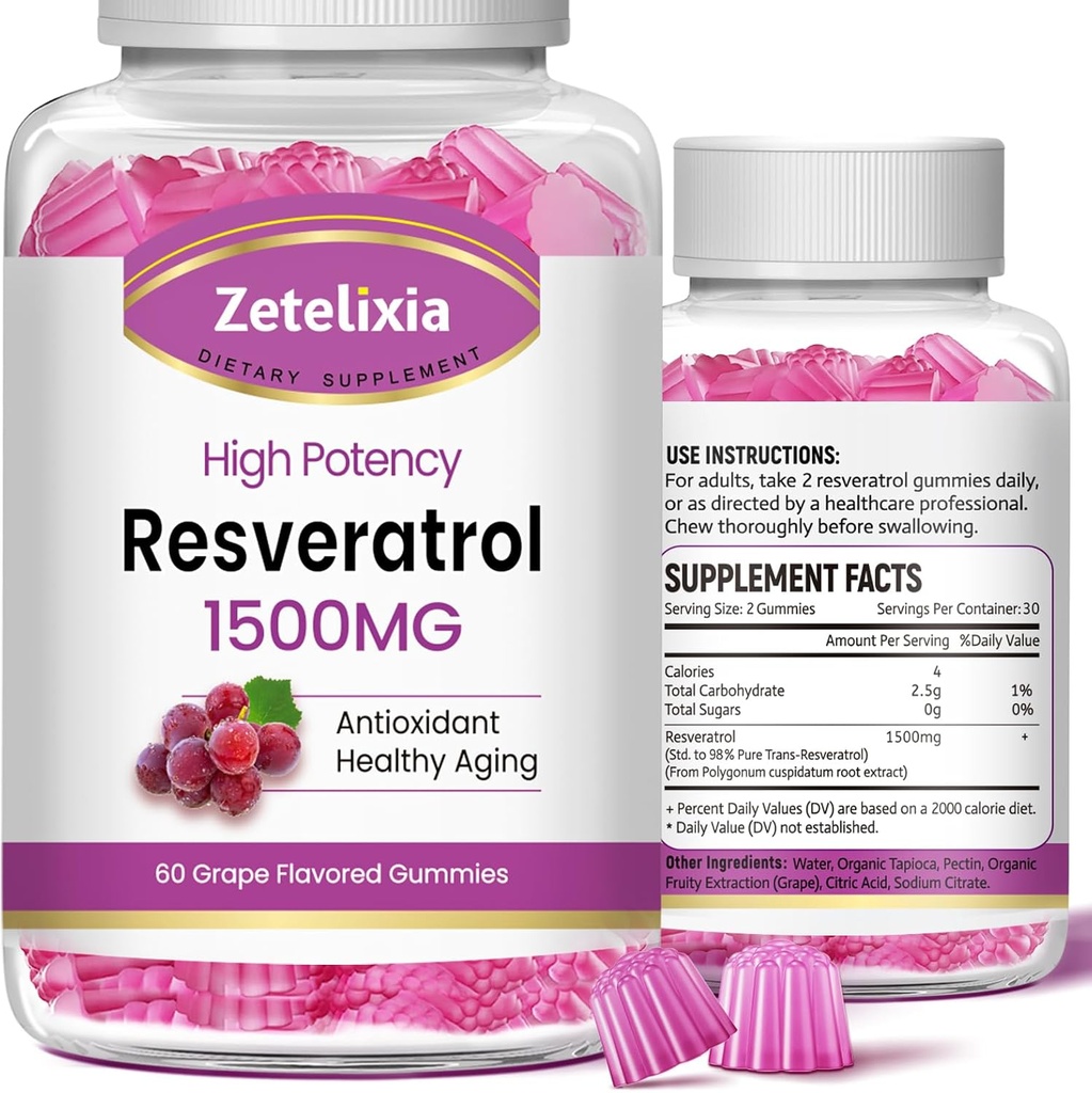 Zuckerfreie Resveratrol Gummie - hohe Reinheit Resveratrol Ergänzung für Antioxidans, Gesunde Alterung, Haut, Gehirn, Organisch - 120 Gummies